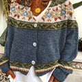 Women's Button-Up Cardigan with Patterned Geometric Yoke