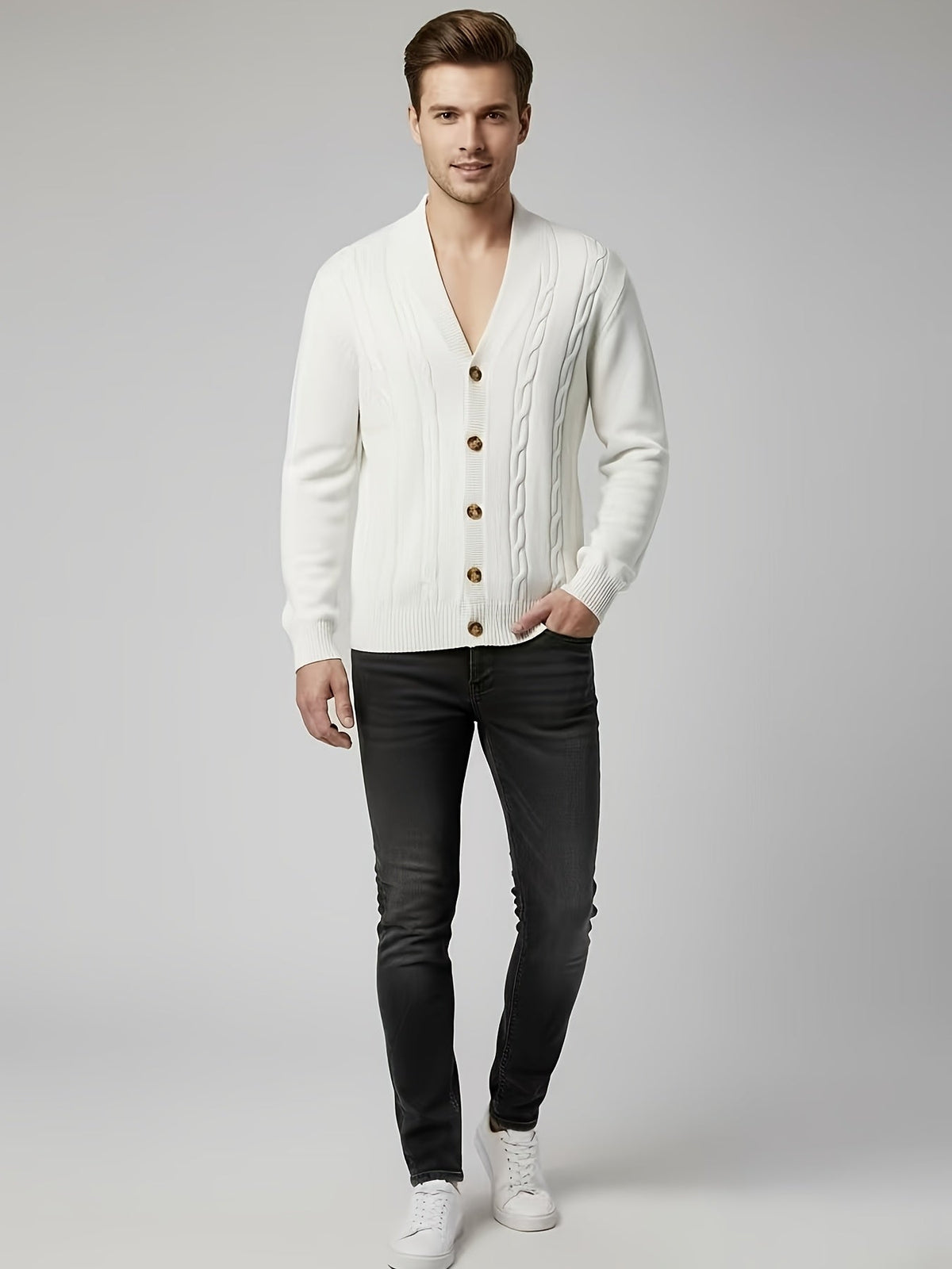 Men's Cable-Knit Shawl Collar Button-Front Sweater Cardigan
