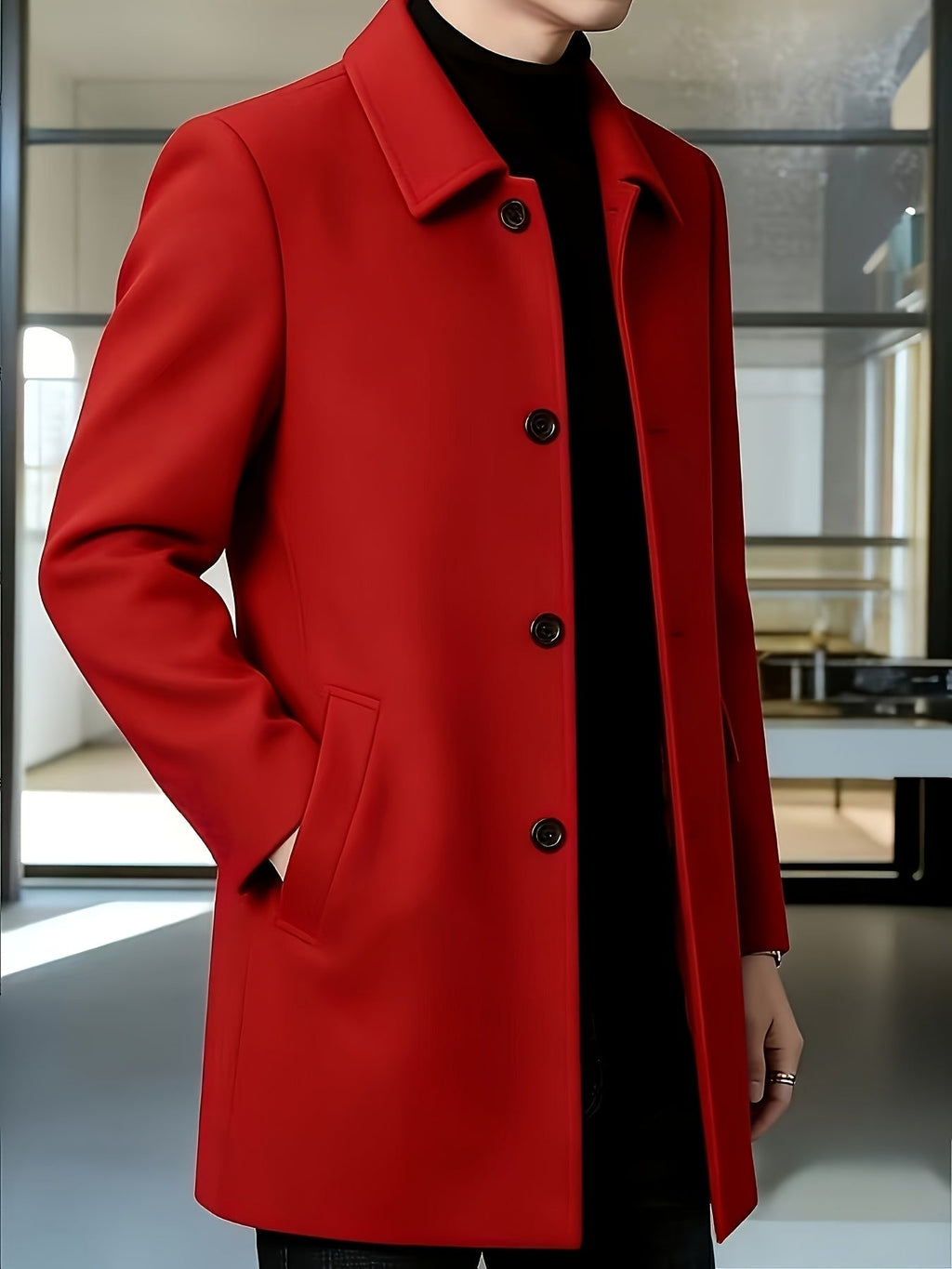 Men's Single-Breasted Refined Topcoat with Side Pockets