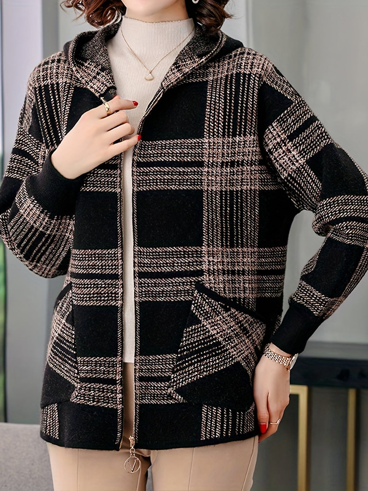 Women's Hooded Zip-Up Checked Loose Fit Coat