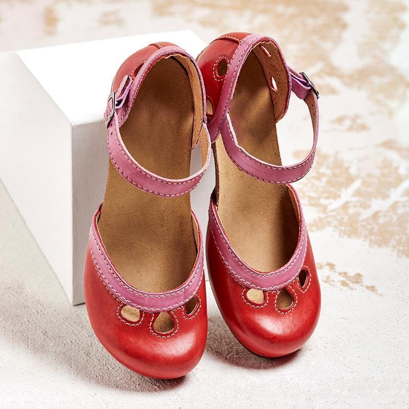 Women's Leather Ankle Strap Mary Jane Flats with Panel Detail