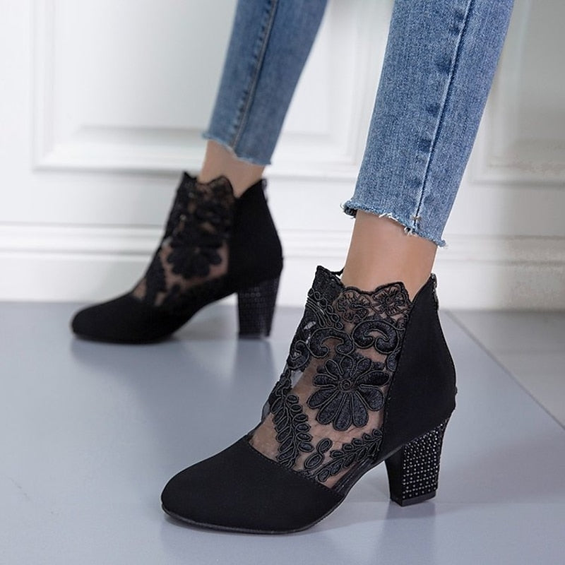 Women's Floral Lace Overlay Block Heel Booties
