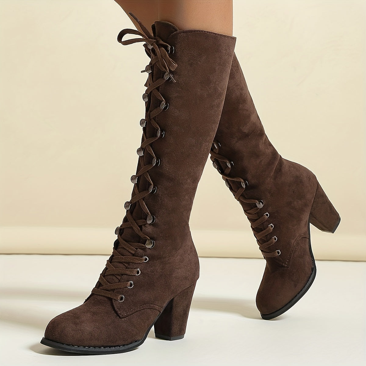 Women's Tall Boots with Front Lacing and Chunky Heel