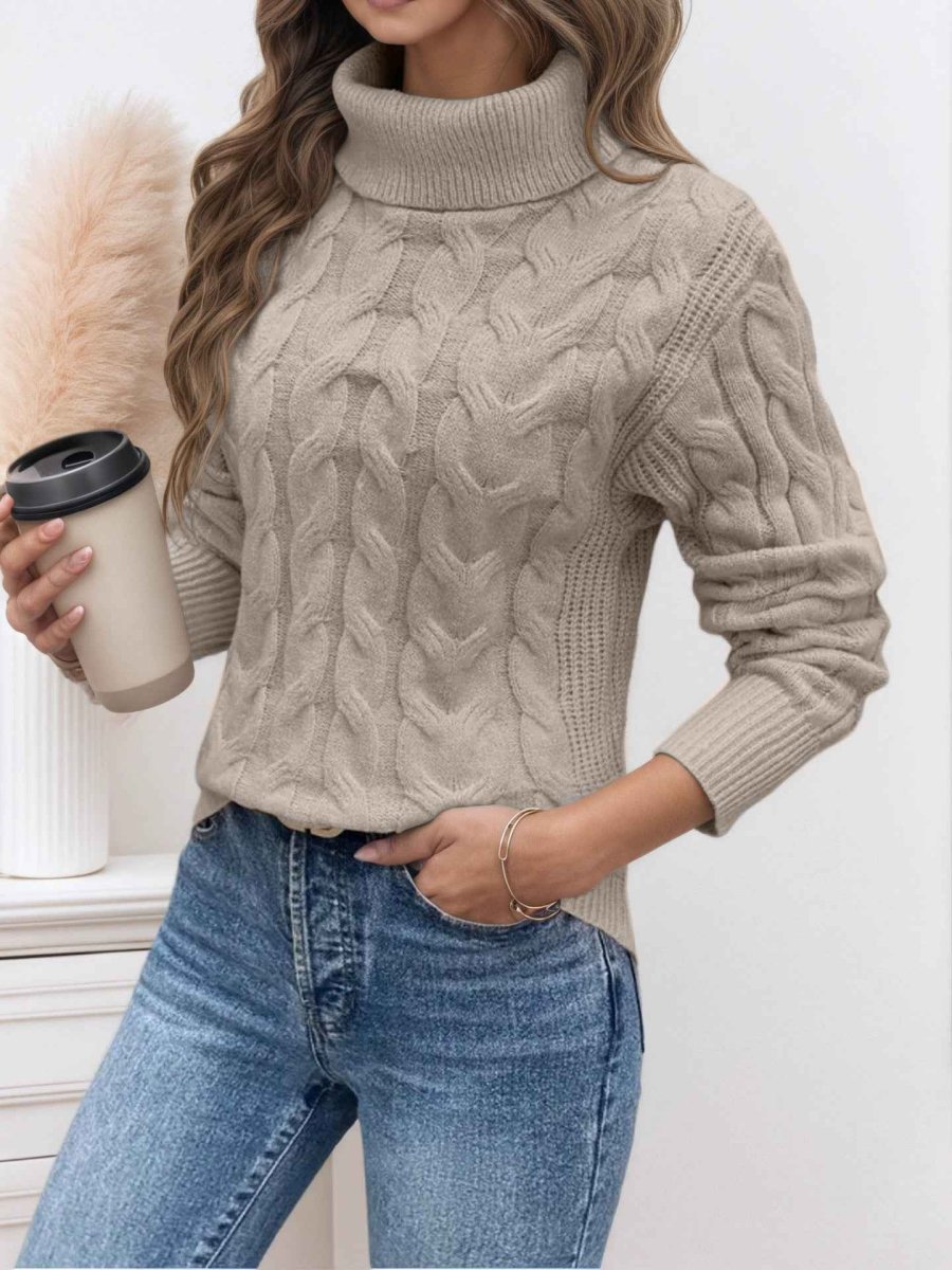 Women's Turtleneck Pullover with Cable Knit Texture
