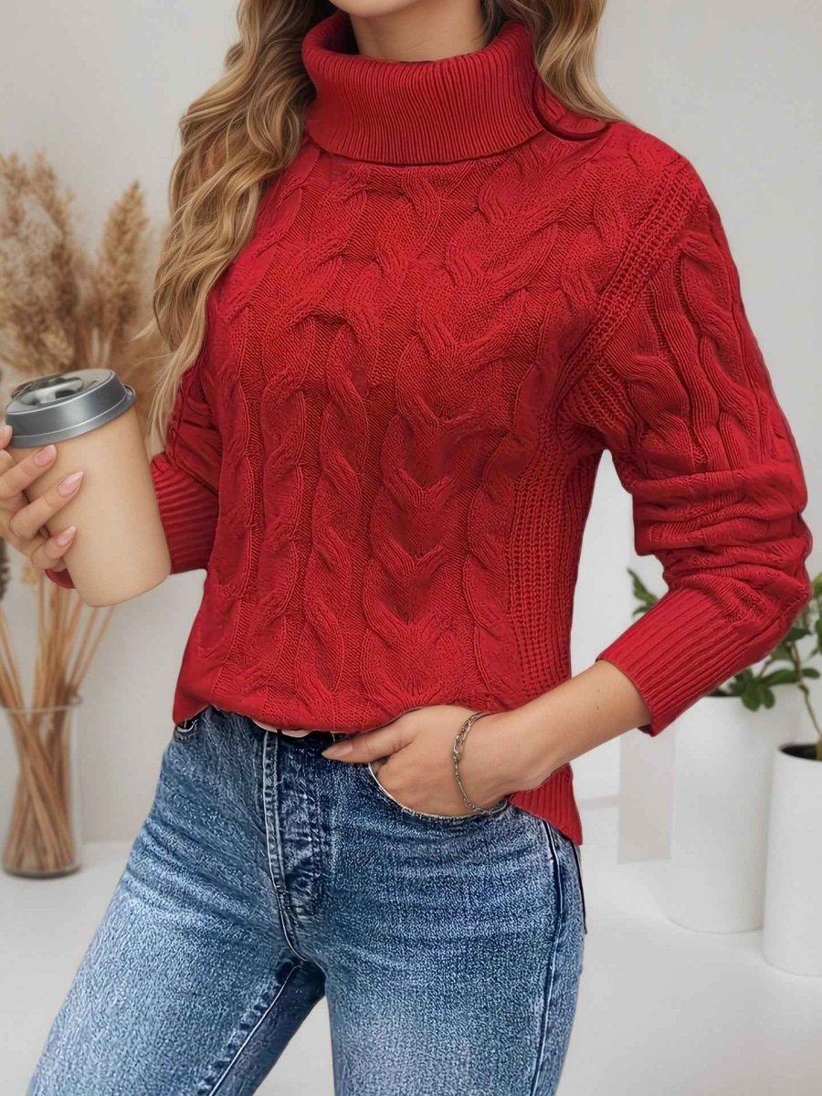 Women's Turtleneck Pullover with Cable Knit Texture