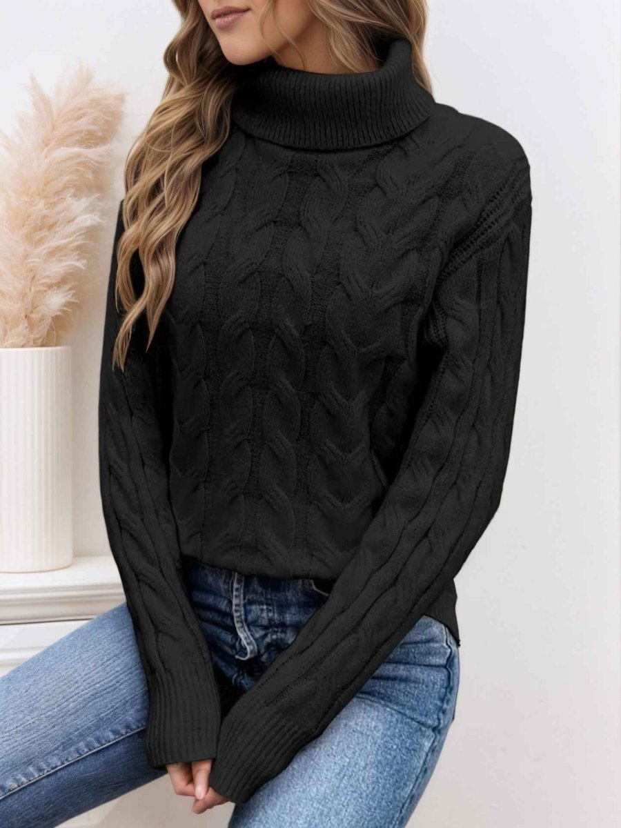 Women's Turtleneck Pullover with Cable Knit Texture