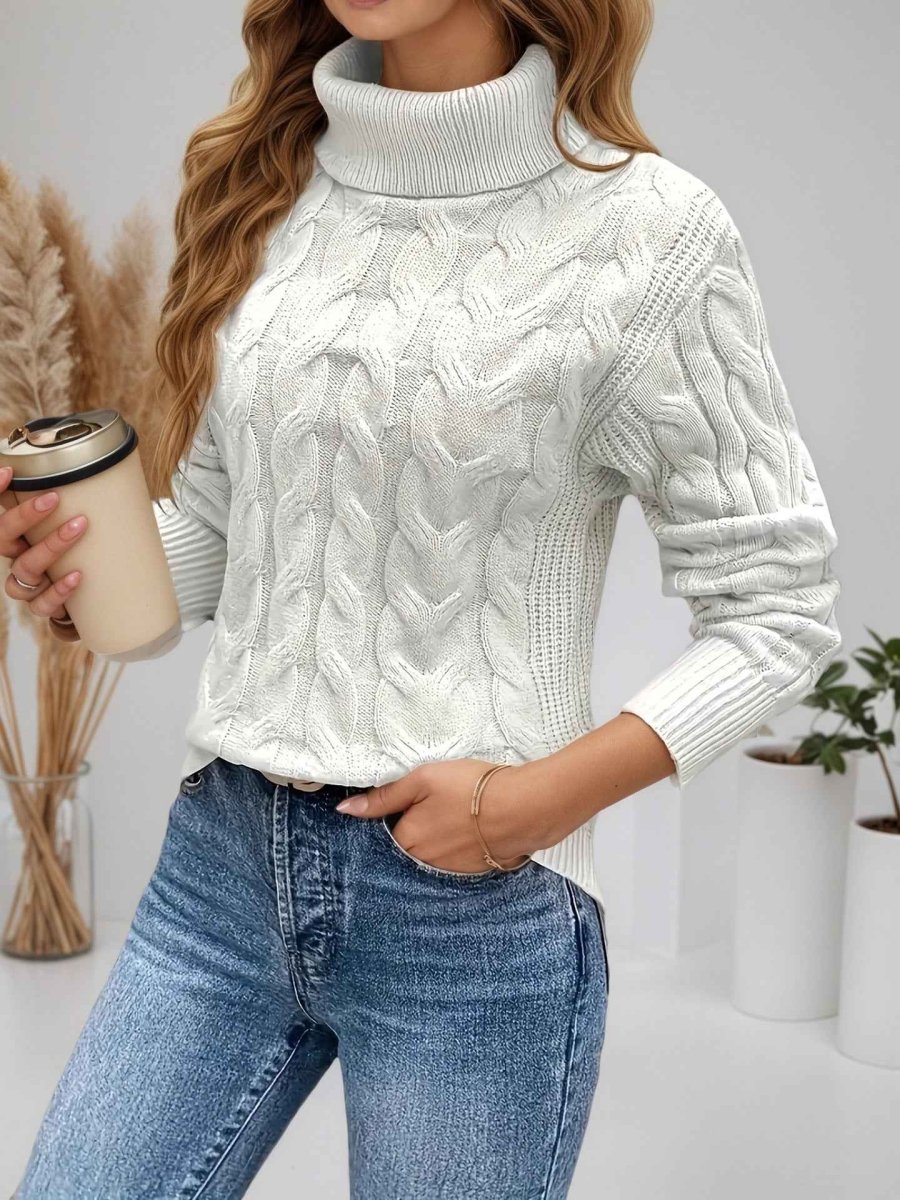 Women's Turtleneck Pullover with Cable Knit Texture