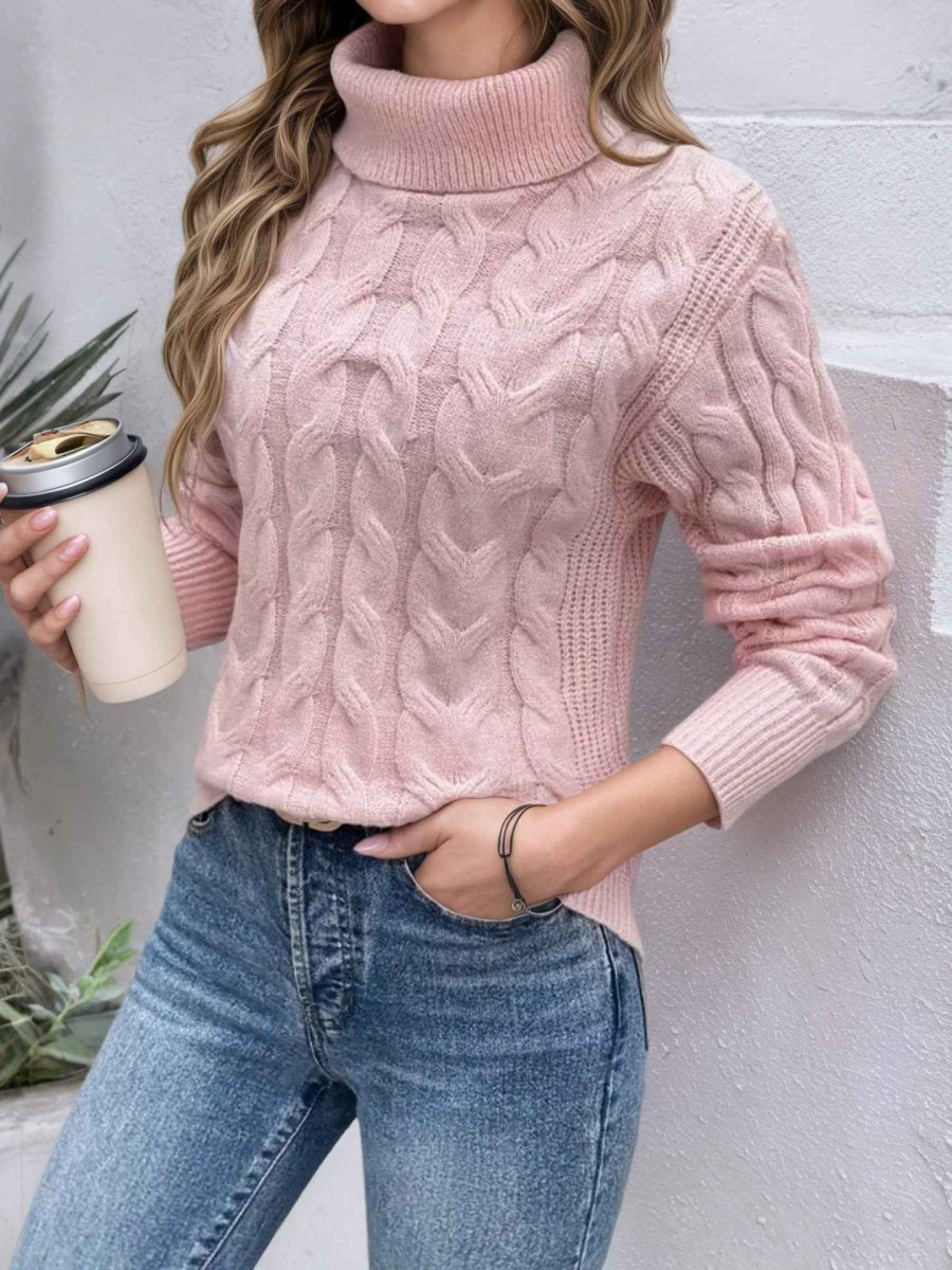 Women's Turtleneck Pullover with Cable Knit Texture