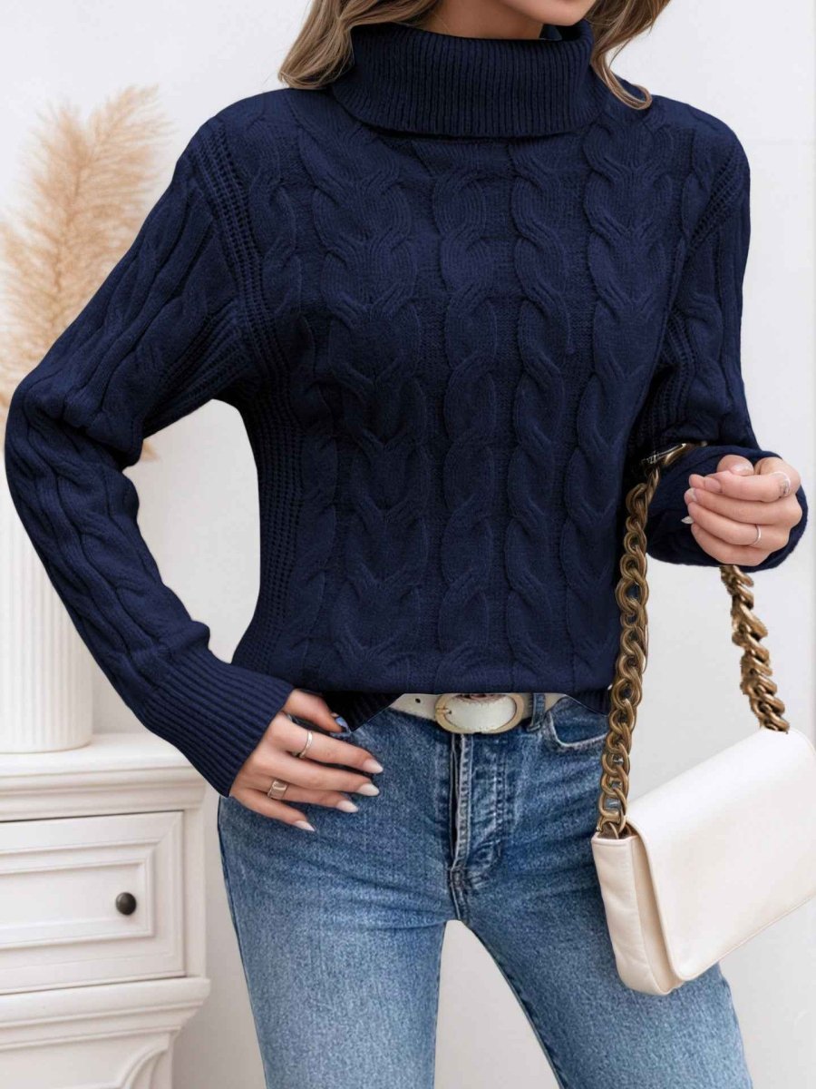 Women's Turtleneck Pullover with Cable Knit Texture