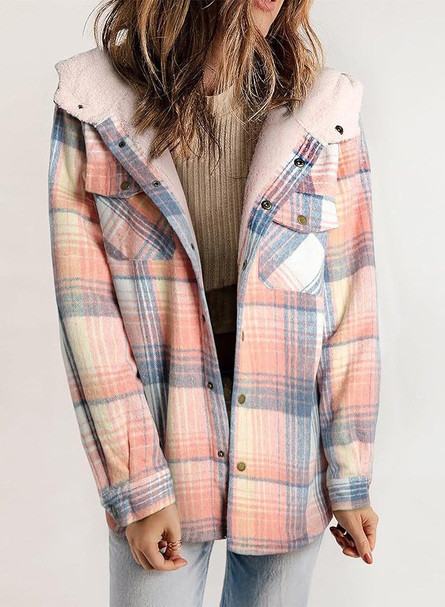 Women's Sherpa Collar Flannel Plaid Shirt Coat