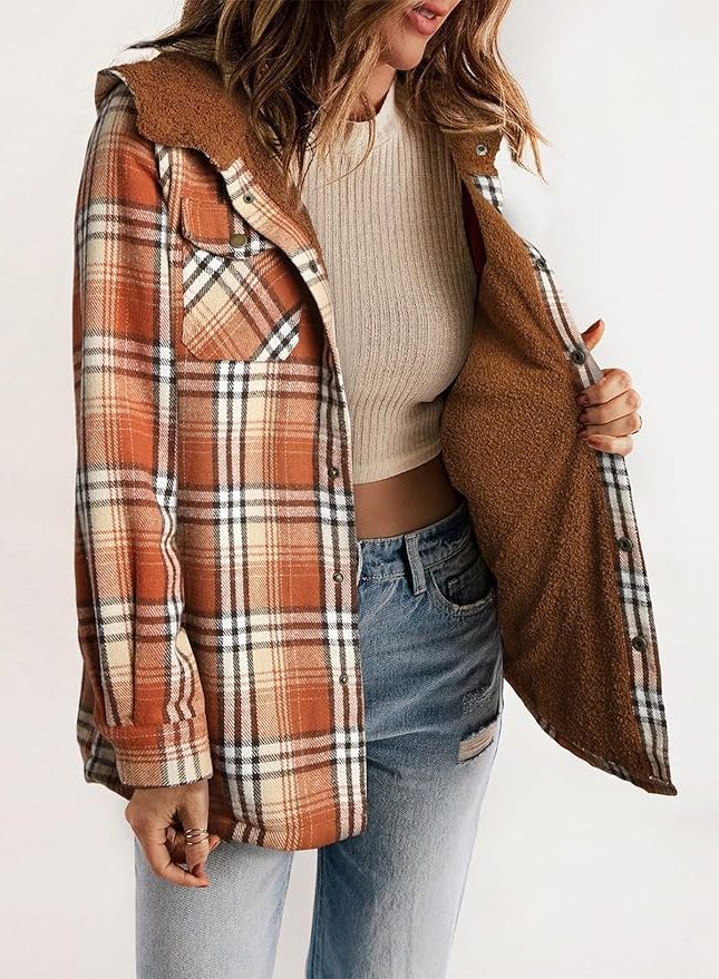 Women's Sherpa Collar Flannel Plaid Shirt Coat
