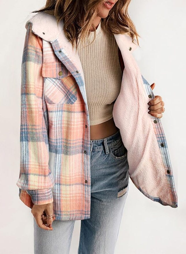 Women's Sherpa Collar Flannel Plaid Shirt Coat