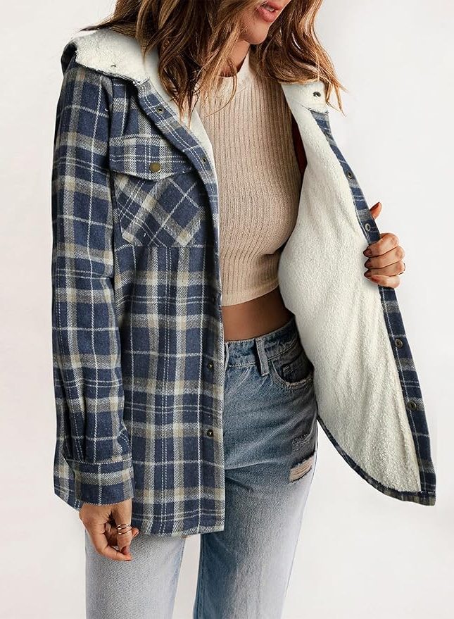 Women's Sherpa Collar Flannel Plaid Shirt Coat