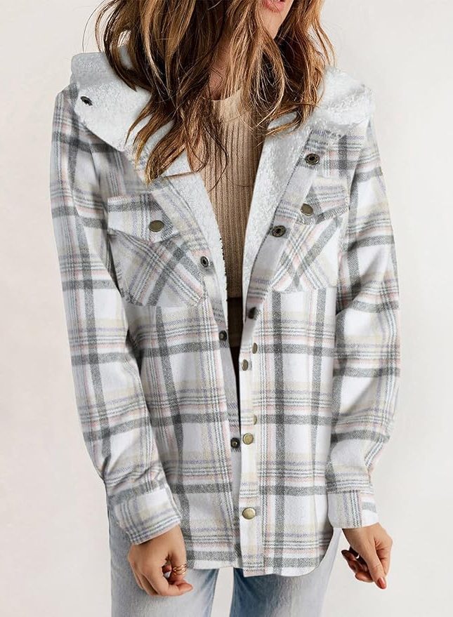 Women's Sherpa Collar Flannel Plaid Shirt Coat