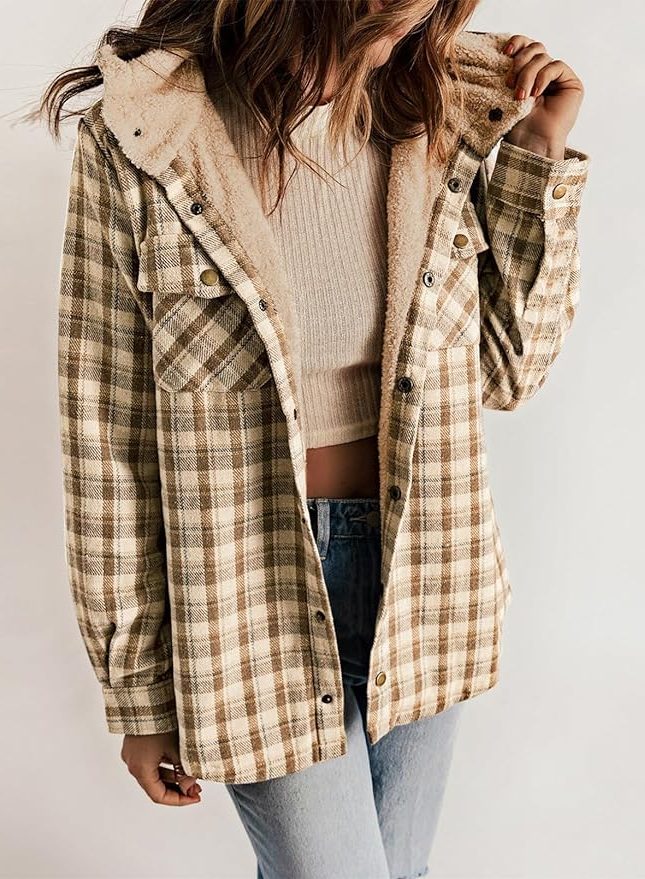 Women's Sherpa Collar Flannel Plaid Shirt Coat