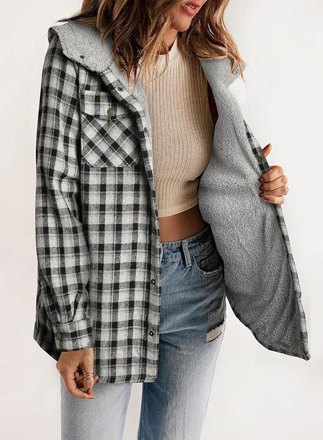 Women's Sherpa Collar Flannel Plaid Shirt Coat
