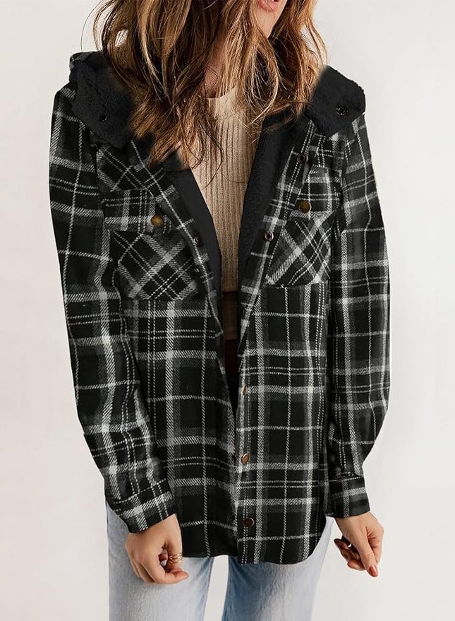Women's Sherpa Collar Flannel Plaid Shirt Coat