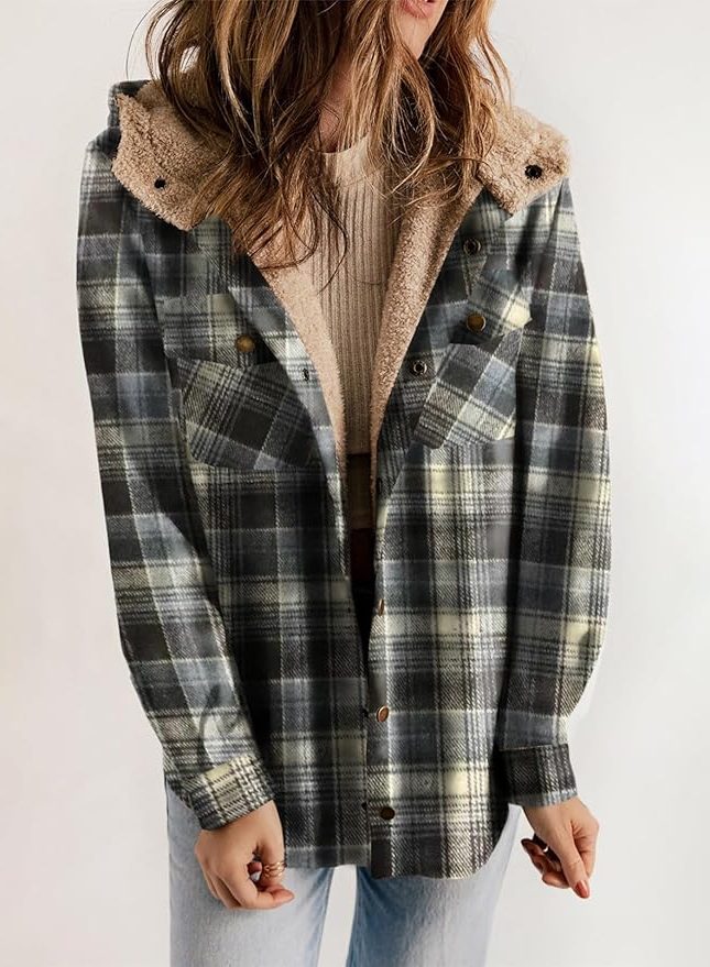 Women's Sherpa Collar Flannel Plaid Shirt Coat