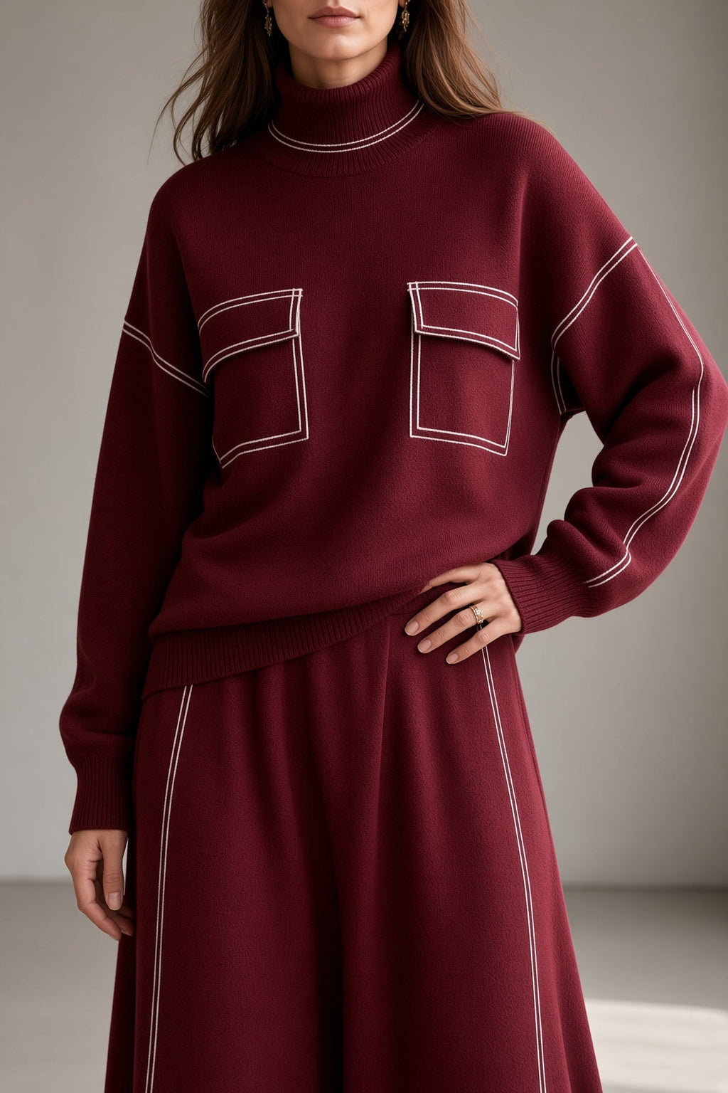 Women's Soft Knit Turtleneck Flowing Skirt Set
