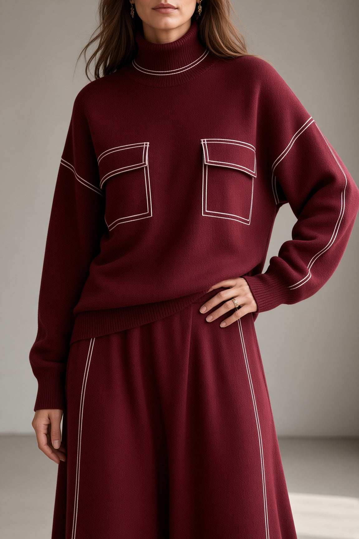 Women's Soft Knit Turtleneck Flowing Skirt Set