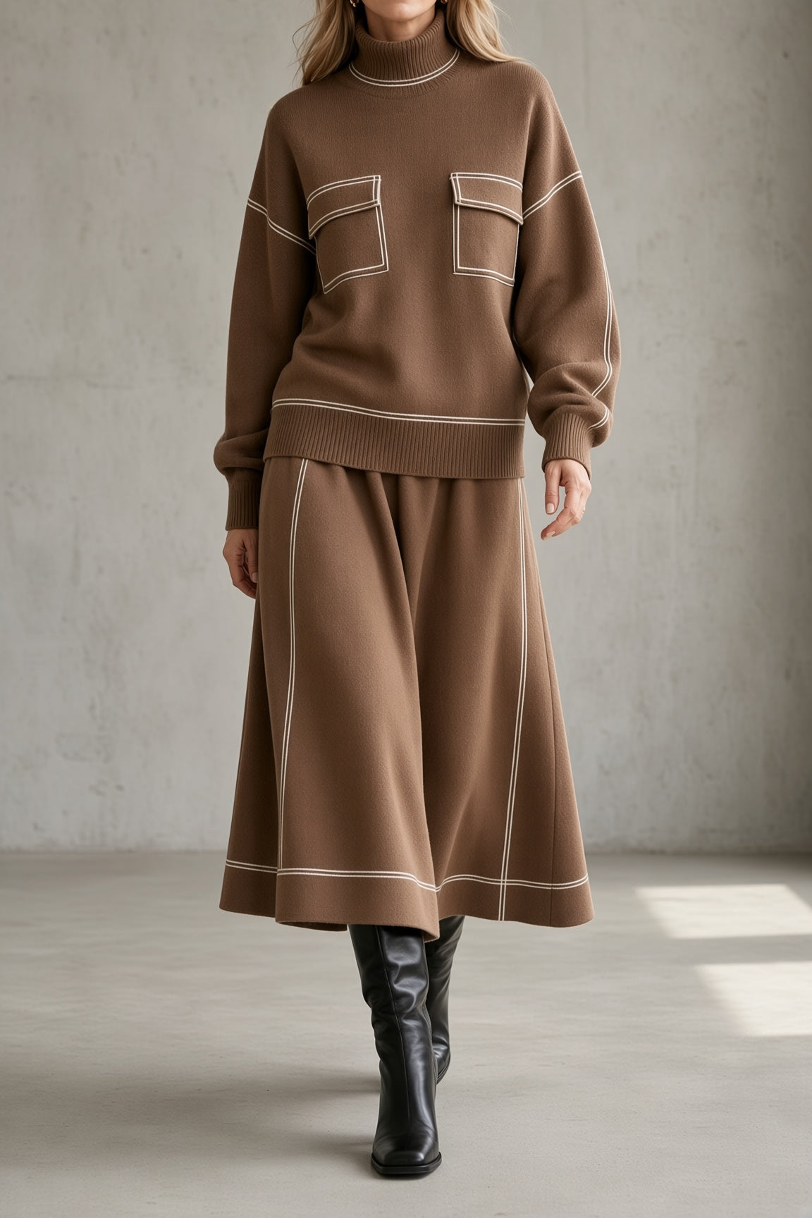 Women's Soft Knit Turtleneck Flowing Skirt Set