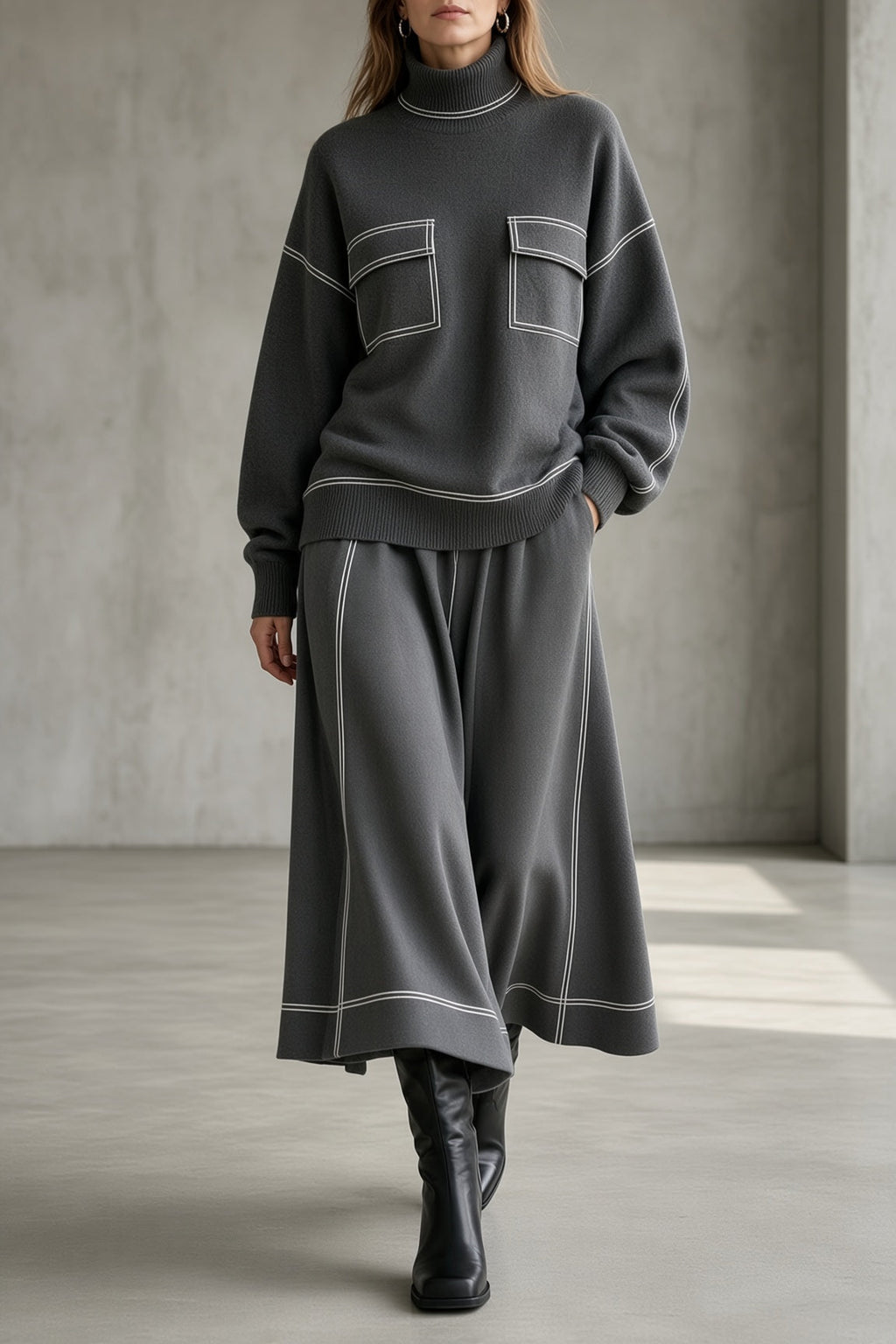 Women's Soft Knit Turtleneck Flowing Skirt Set
