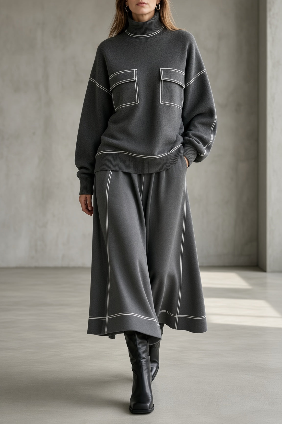 Women's Soft Knit Turtleneck Flowing Skirt Set