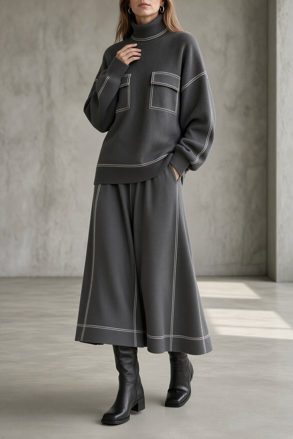 Women's Soft Knit Turtleneck Flowing Skirt Set