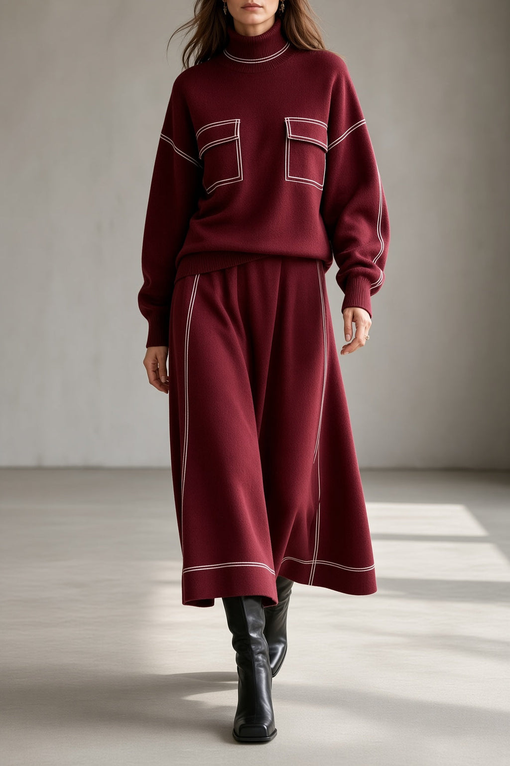 Women's Soft Knit Turtleneck Flowing Skirt Set