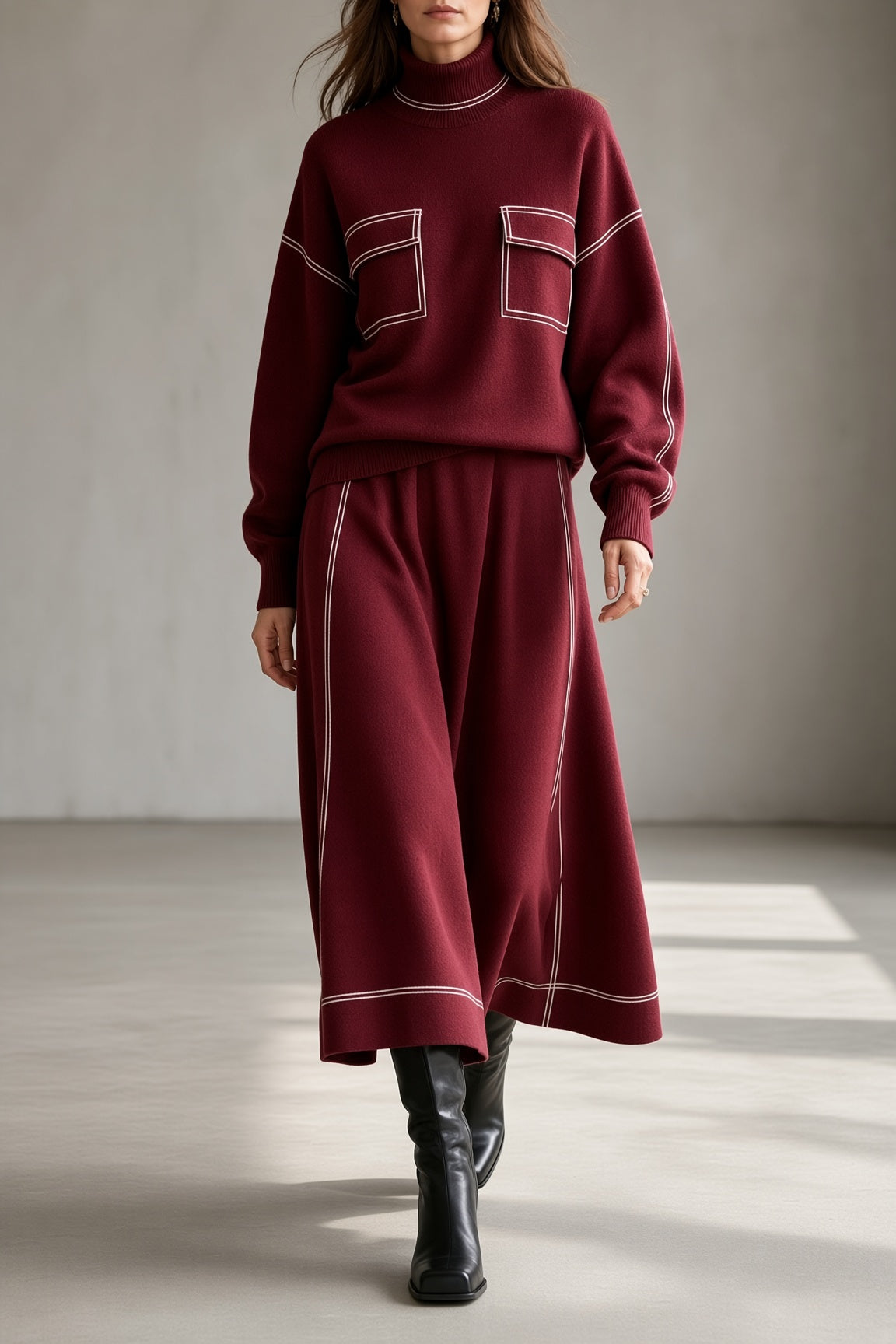 Women's Soft Knit Turtleneck Flowing Skirt Set
