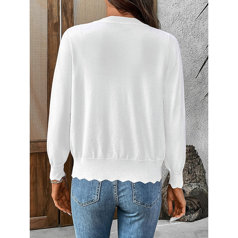 Women's Scalloped Trim V-Neckline Button-Up Knit Cardigan