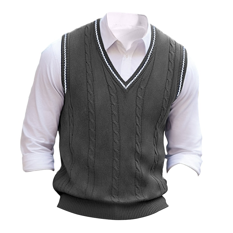 Men's V-Neck Cable Knit Sleeveless Layering Vest