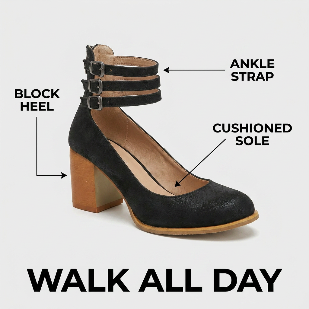 Women's Block Heel Booties with Three Buckle Straps