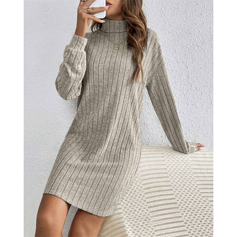 Women's Ribbed Knit Turtleneck Long Pullover Dress