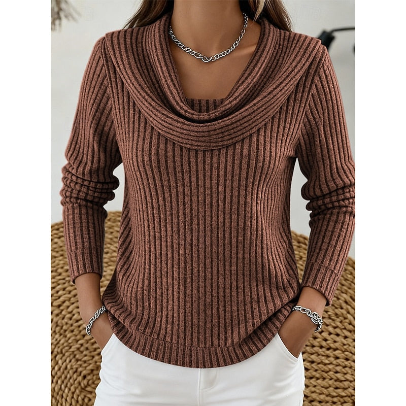 Women's Draped Cowl Neckline Soft Ribbed Pullover