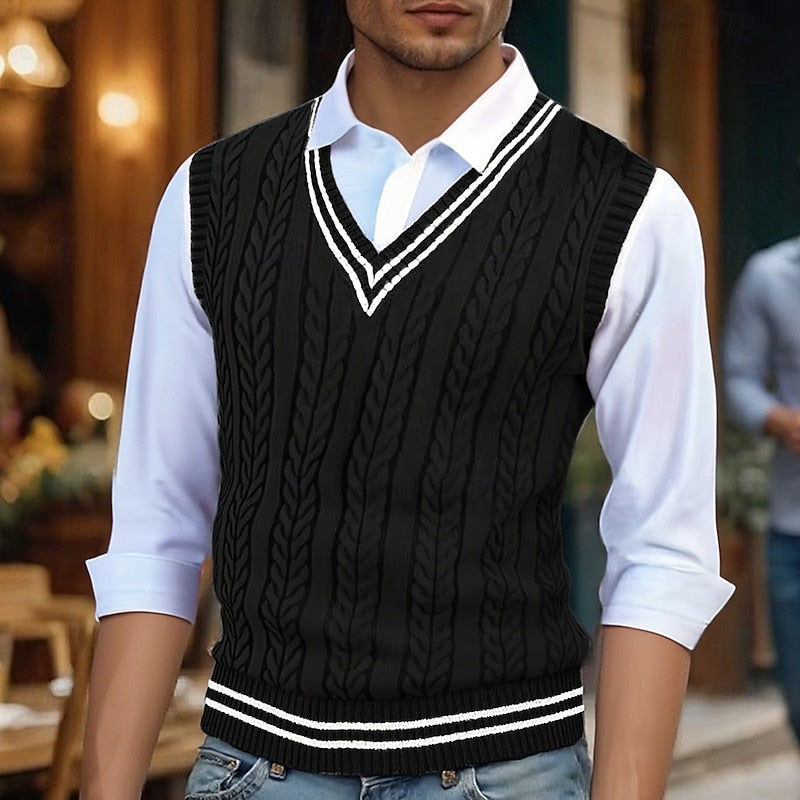 Men's V-Neck Striped Cable Knit Layering Vest