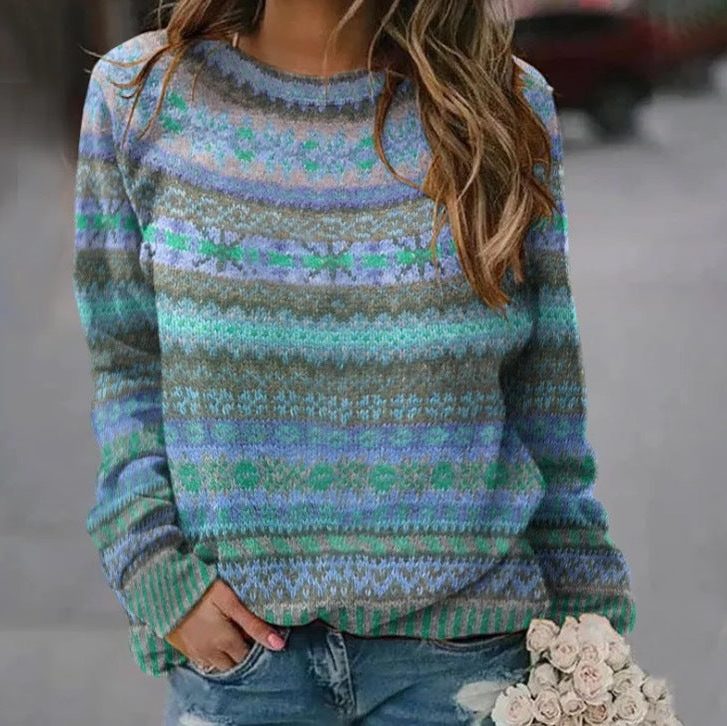Women's Cropped Striped Fair Isle Oversized Crew Pullover