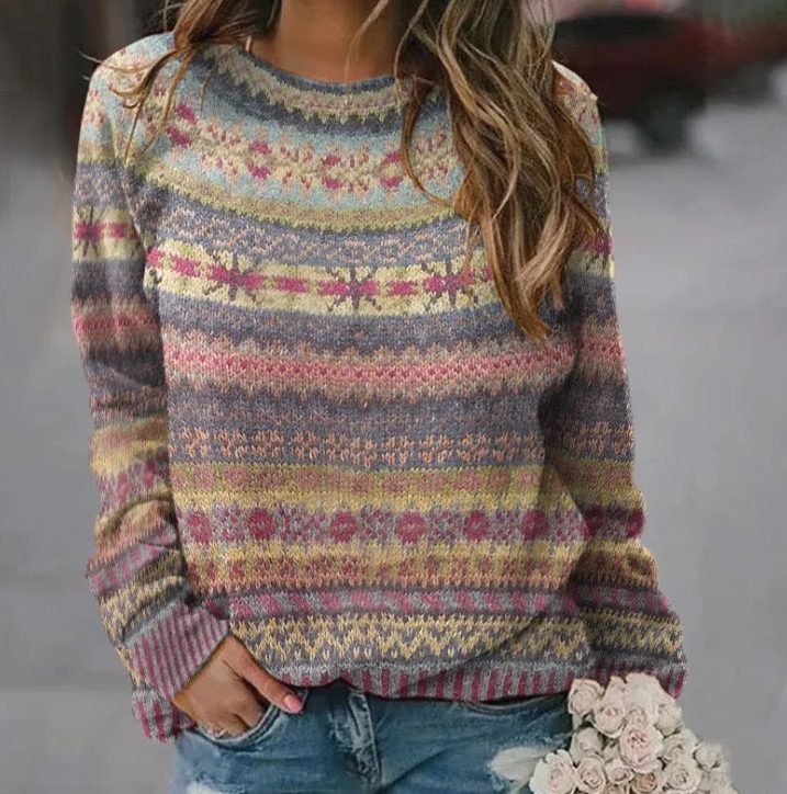 Women's Cropped Striped Fair Isle Oversized Crew Pullover