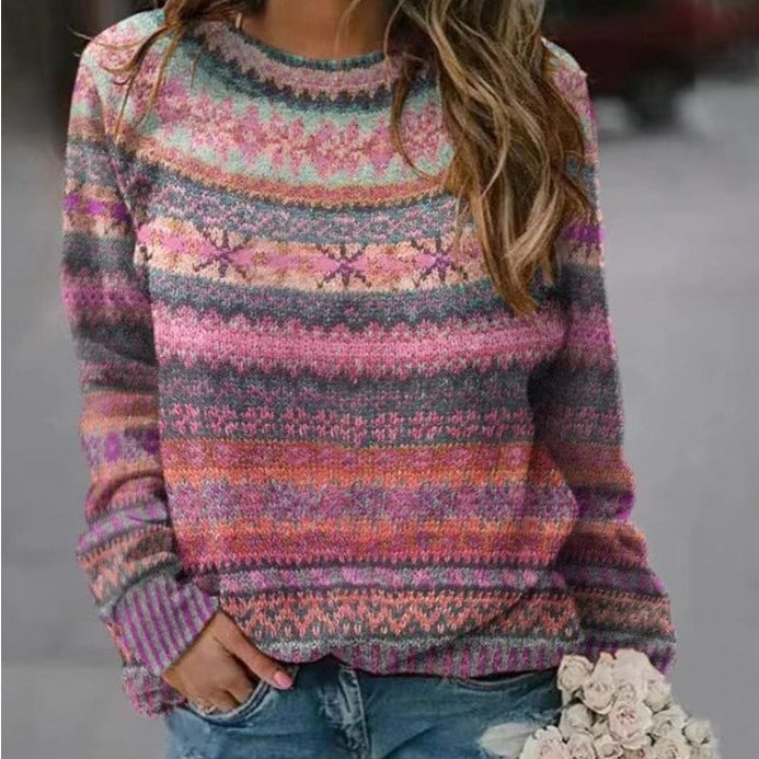 Women's Cropped Striped Fair Isle Oversized Crew Pullover