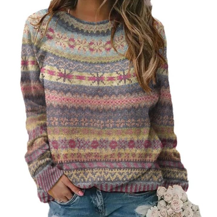 Women's Cropped Striped Fair Isle Oversized Crew Pullover