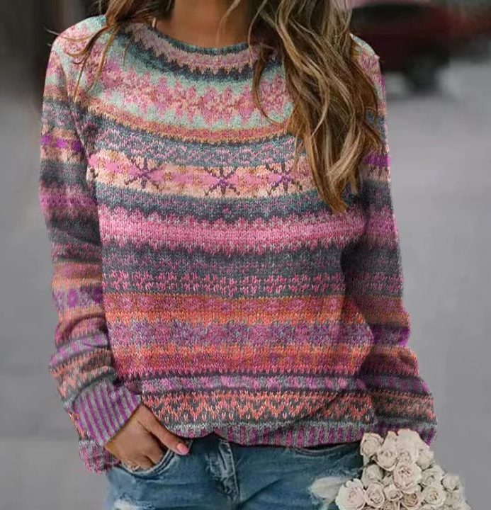 Women's Cropped Striped Fair Isle Oversized Crew Pullover