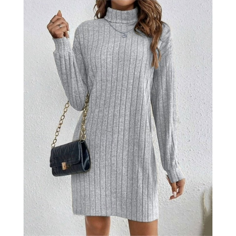 Women's Ribbed Knit Turtleneck Long Pullover Dress