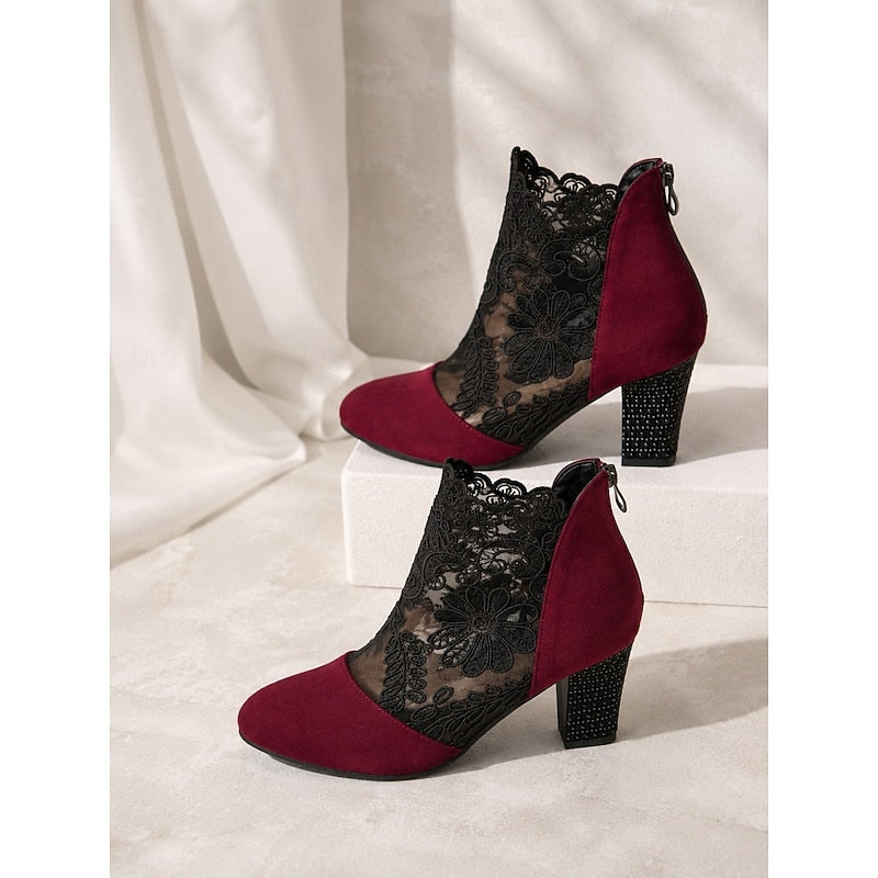 Women's Floral Lace Overlay Block Heel Booties