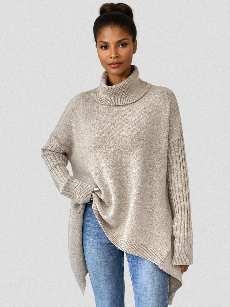 Women's Roomy Uneven Hem Turtleneck Draped Pullover
