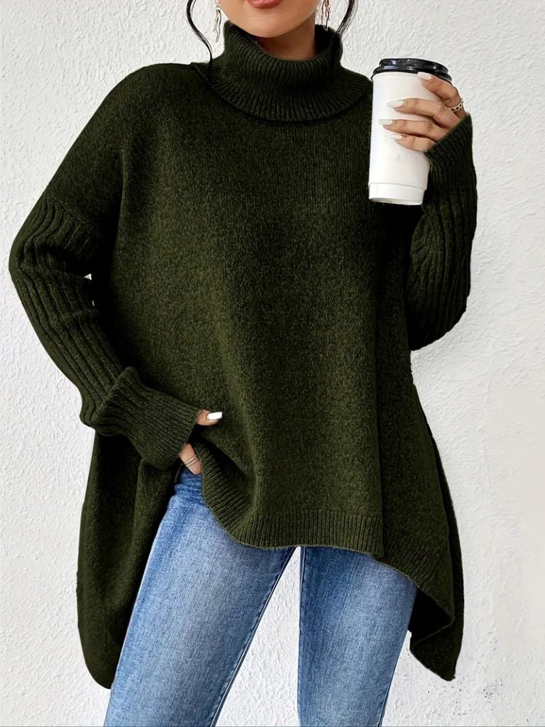 Women's Roomy Uneven Hem Turtleneck Draped Pullover
