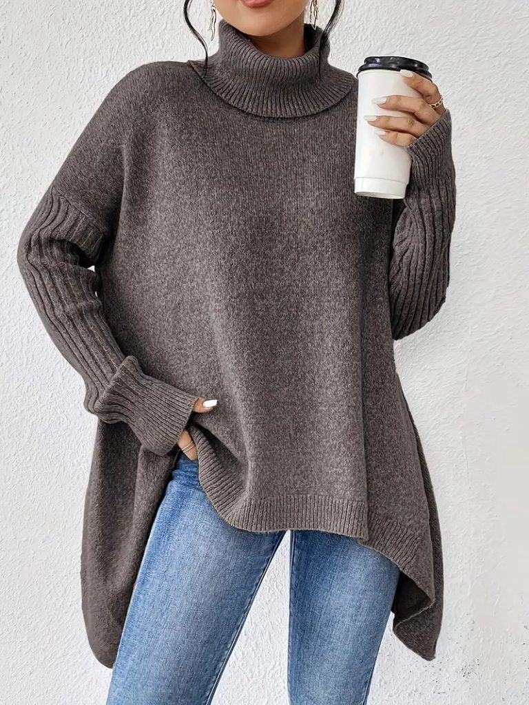 Women's Roomy Uneven Hem Turtleneck Draped Pullover
