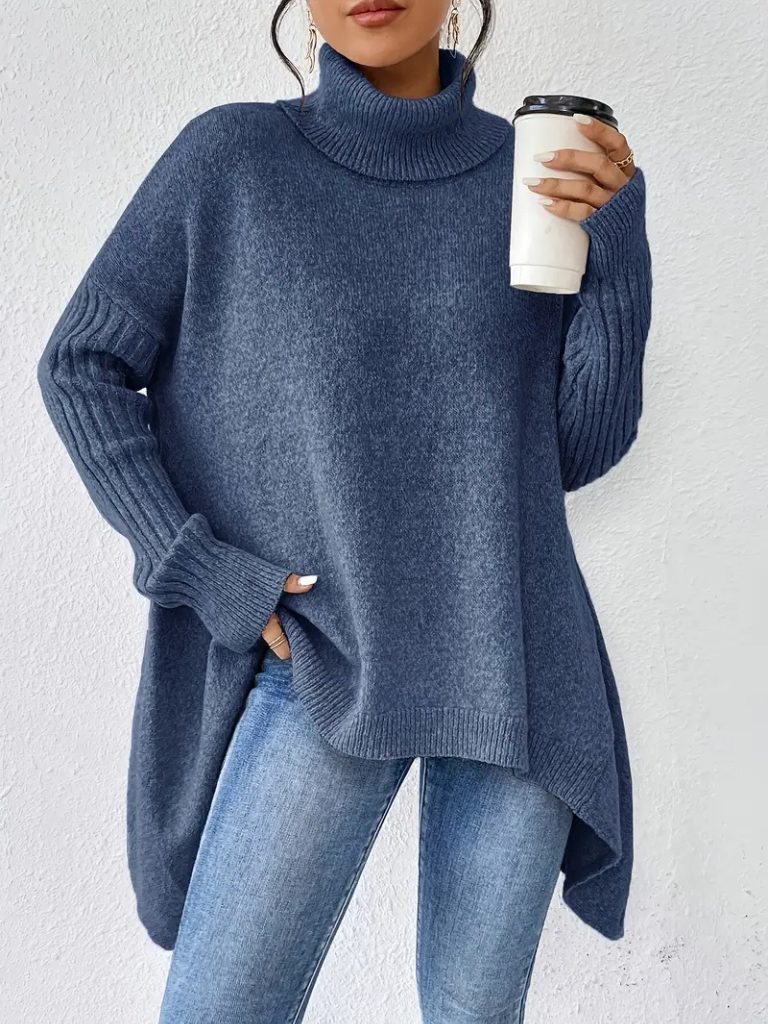 Women's Roomy Uneven Hem Turtleneck Draped Pullover