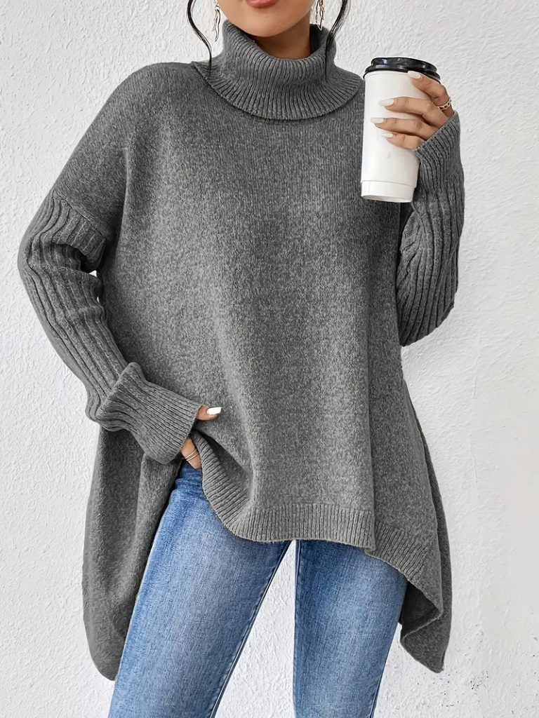 Women's Roomy Uneven Hem Turtleneck Draped Pullover