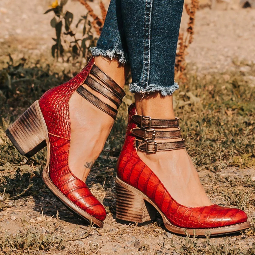 Women's Ankle Strap Block Heel Leather-Look Boots