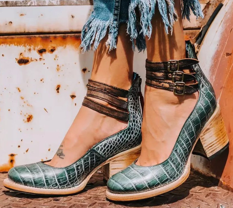 Women's Ankle Strap Block Heel Leather-Look Boots